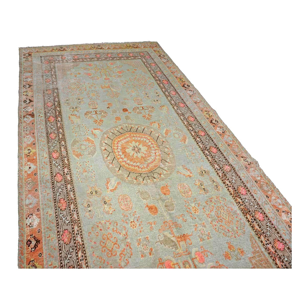 Antique East Turkestani Khotan Wool 6X12 Green, Orange & Blue Handmade Gallery Rug #9902946