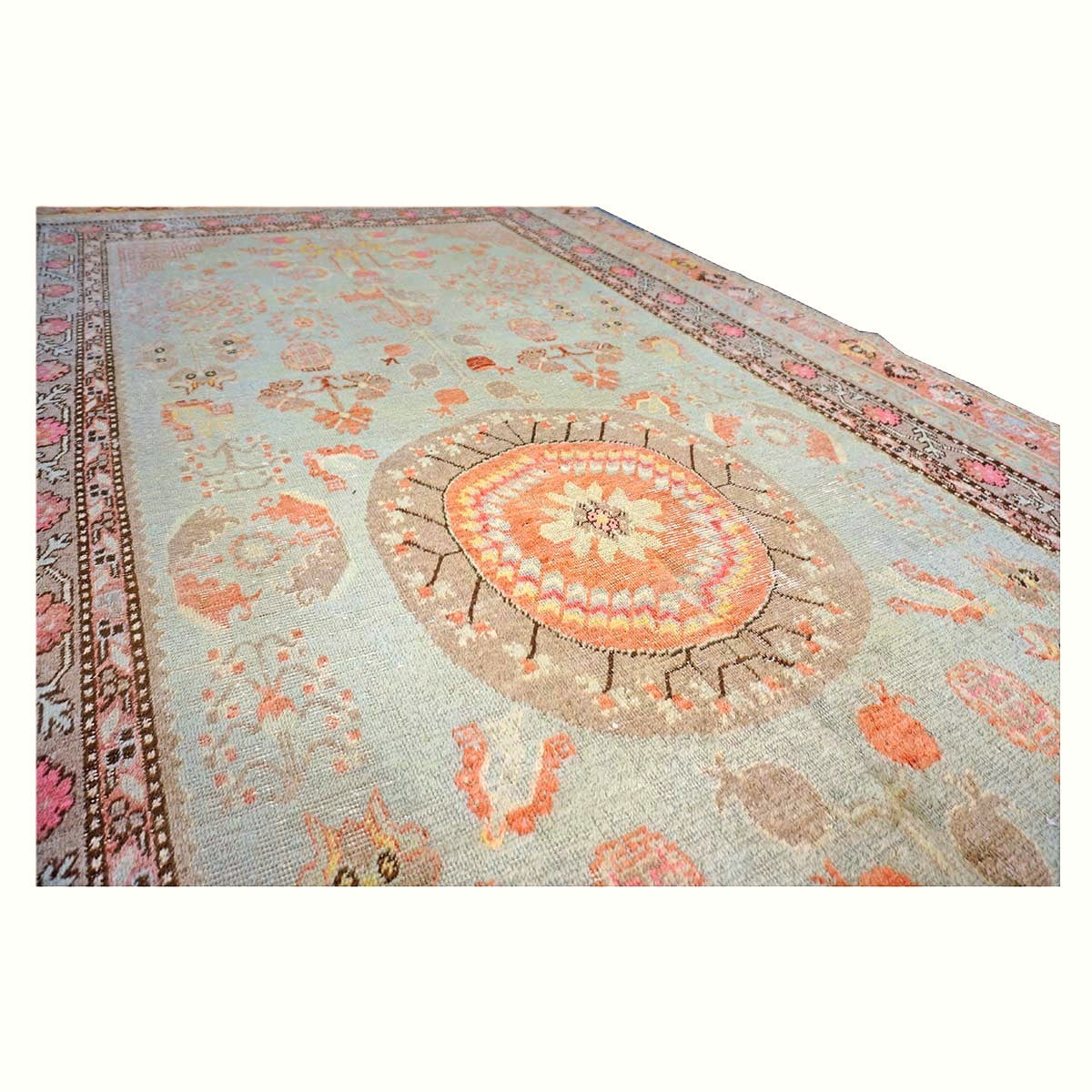 Antique East Turkestani Khotan Wool 6X12 Green, Orange & Blue Handmade Gallery Rug #9902946