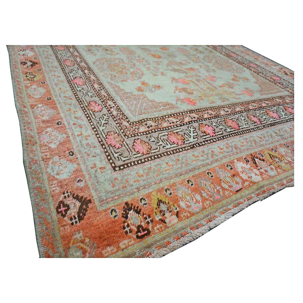 Antique East Turkestani Khotan Wool 6X12 Green, Orange & Blue Handmade Gallery Rug #9902946