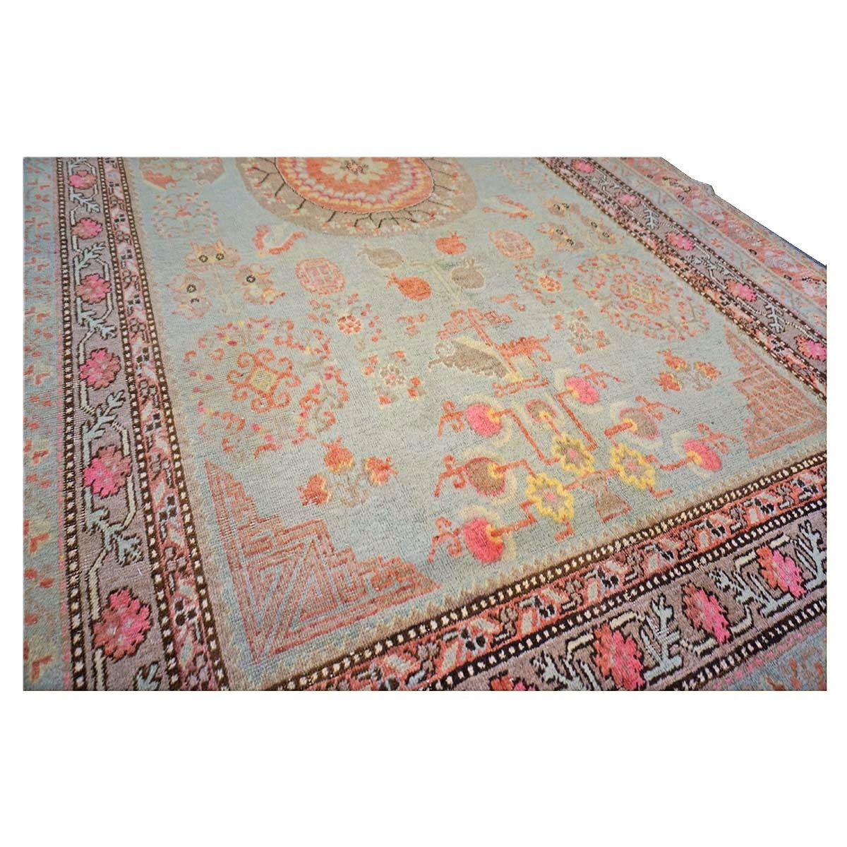 Antique East Turkestani Khotan Wool 6X12 Green, Orange & Blue Handmade Gallery Rug #9902946