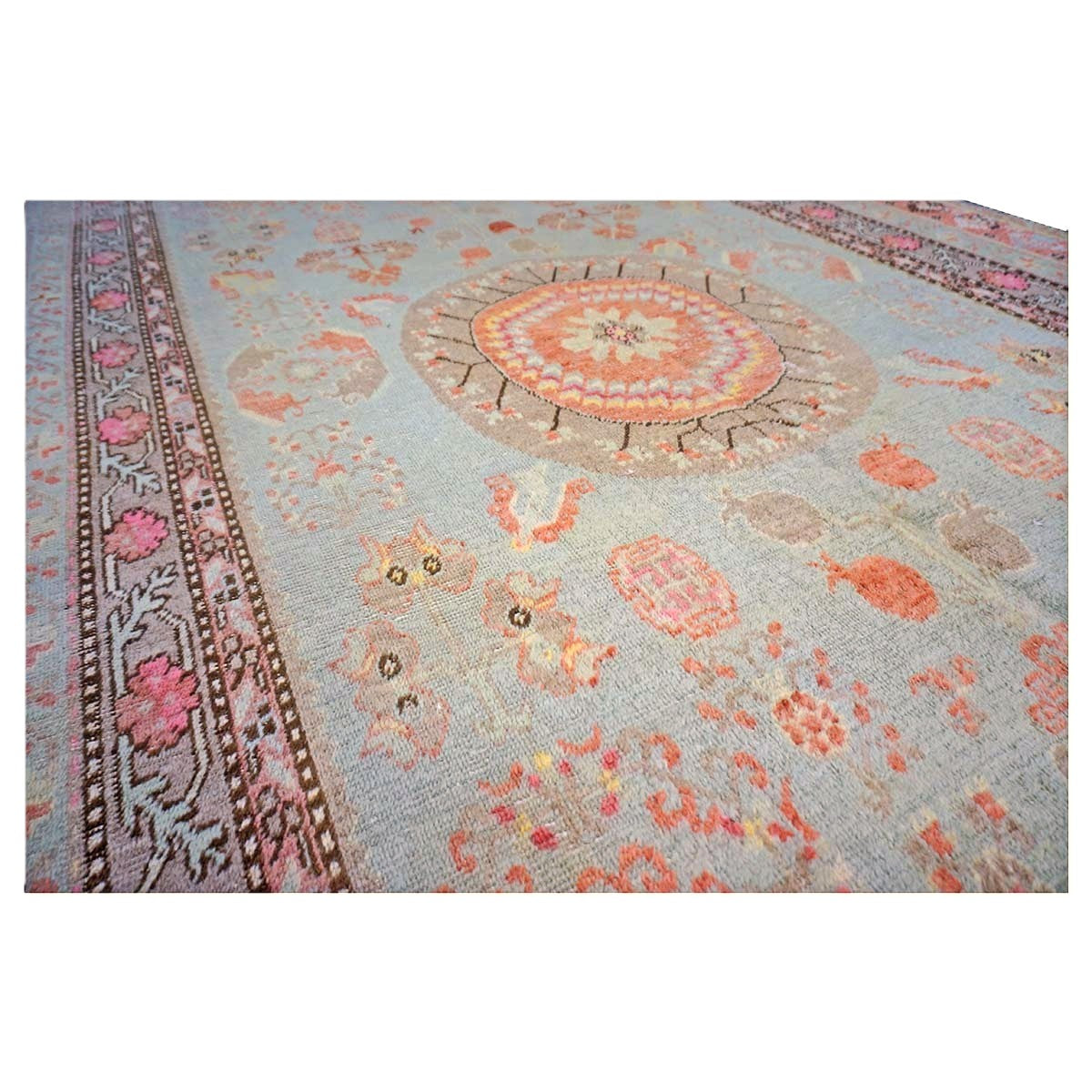 Antique East Turkestani Khotan Wool 6X12 Green, Orange & Blue Handmade Gallery Rug #9902946