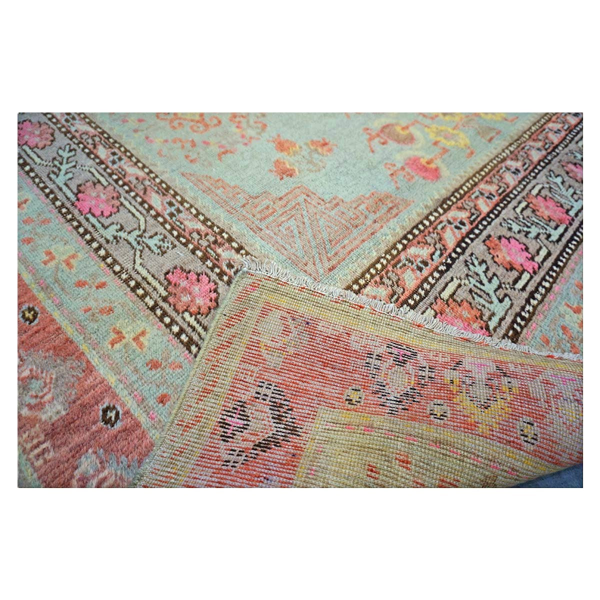 Antique East Turkestani Khotan Wool 6X12 Green, Orange & Blue Handmade Gallery Rug #9902946