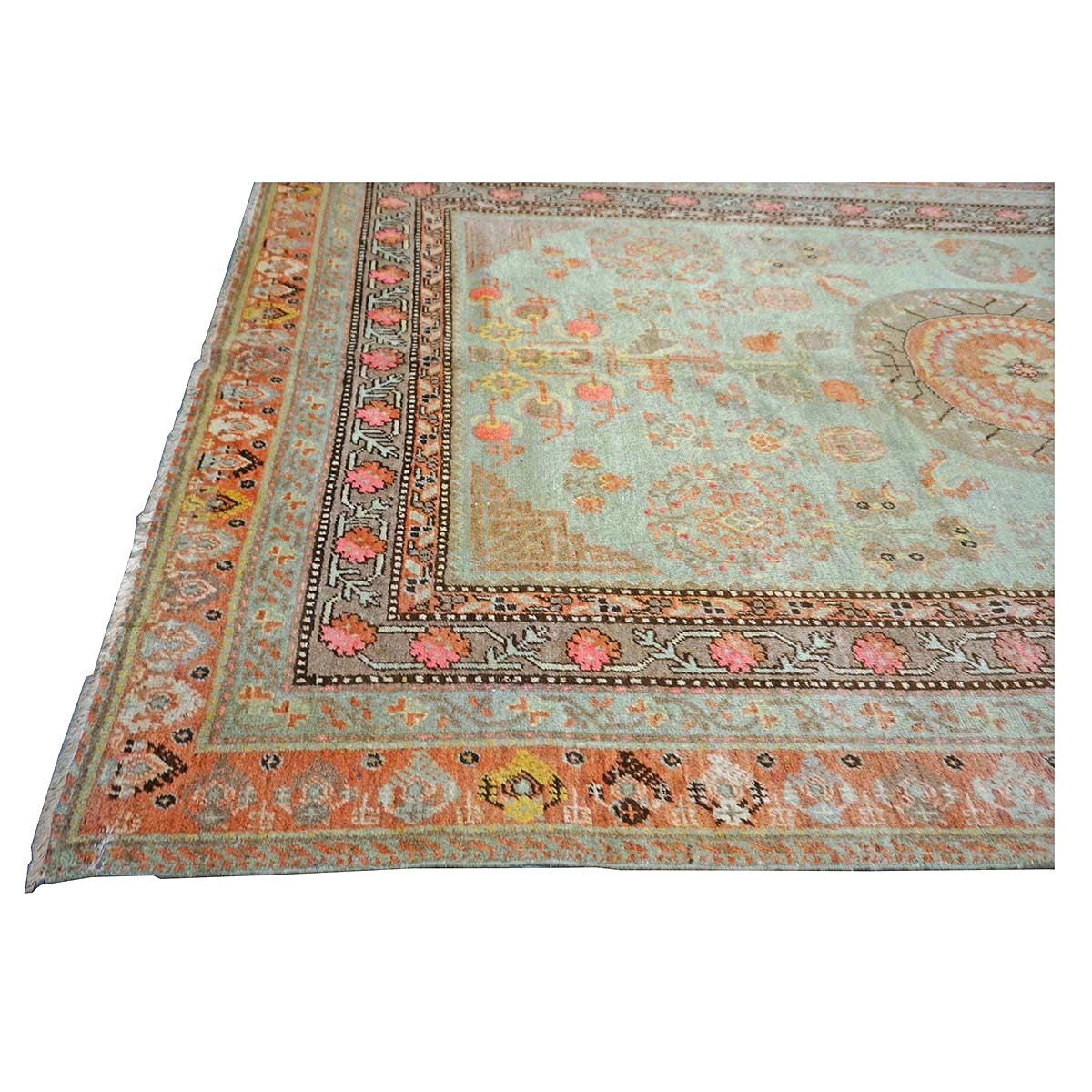 Antique East Turkestani Khotan Wool 6X12 Green, Orange & Blue Handmade Gallery Rug #9902946