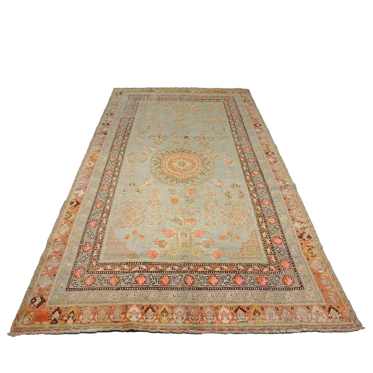 Antique East Turkestani Khotan Wool 6X12 Green, Orange & Blue Handmade Gallery Rug #9902946