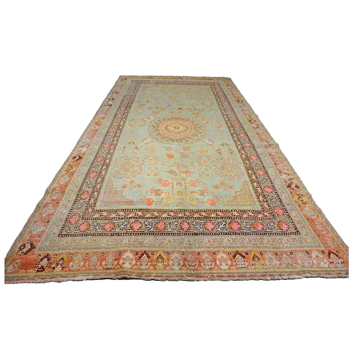 Antique East Turkestani Khotan Wool 6X12 Green, Orange & Blue Handmade Gallery Rug #9902946