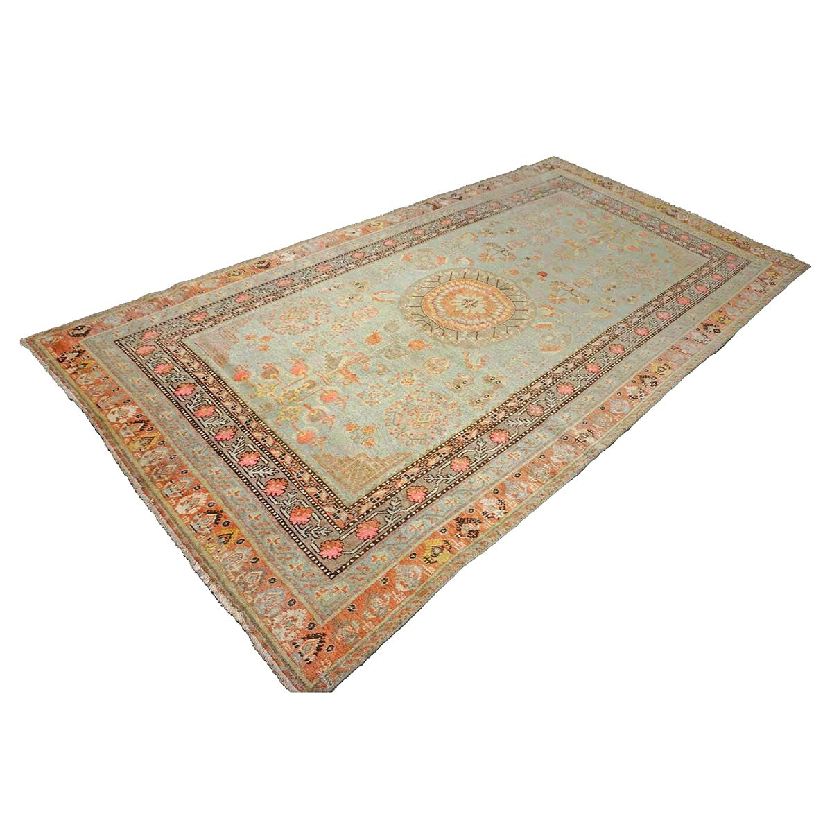 Antique East Turkestani Khotan Wool 6X12 Green, Orange & Blue Handmade Gallery Rug #9902946
