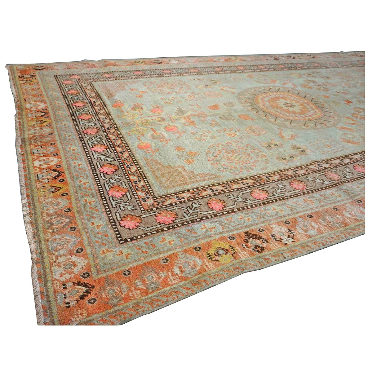 Antique East Turkestani Khotan Wool 6X12 Green, Orange & Blue Handmade Gallery Rug #9902946