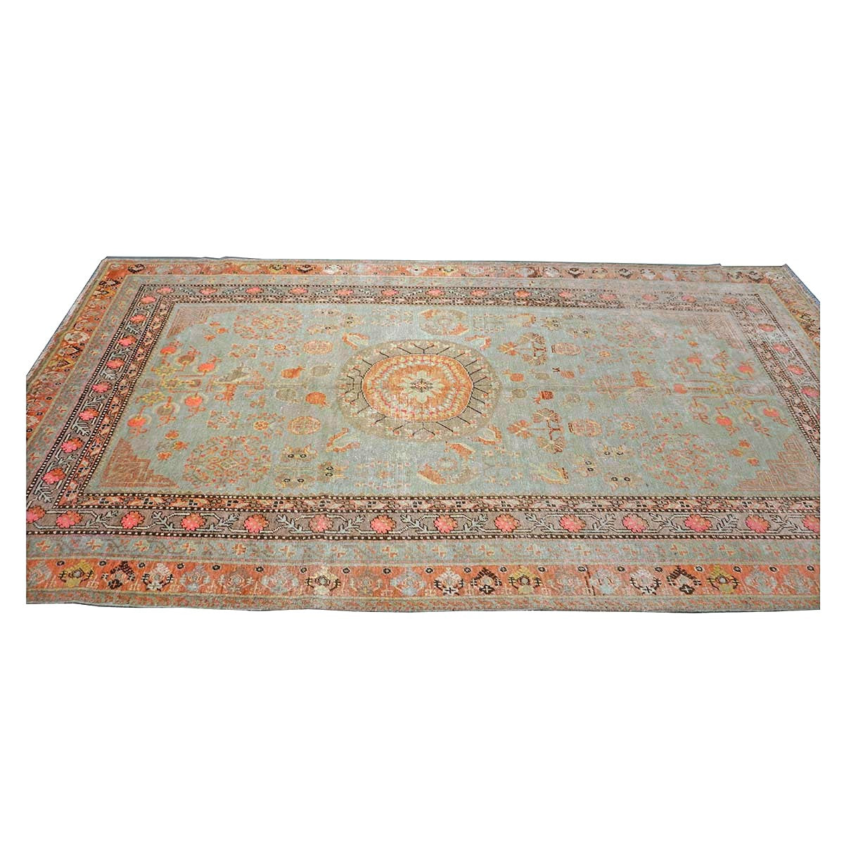 Antique East Turkestani Khotan Wool 6X12 Green, Orange & Blue Handmade Gallery Rug #9902946