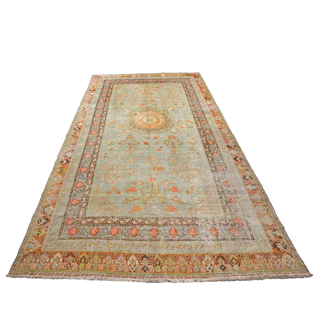 Antique East Turkestani Khotan Wool 6X12 Green, Orange & Blue Handmade Gallery Rug #9902946