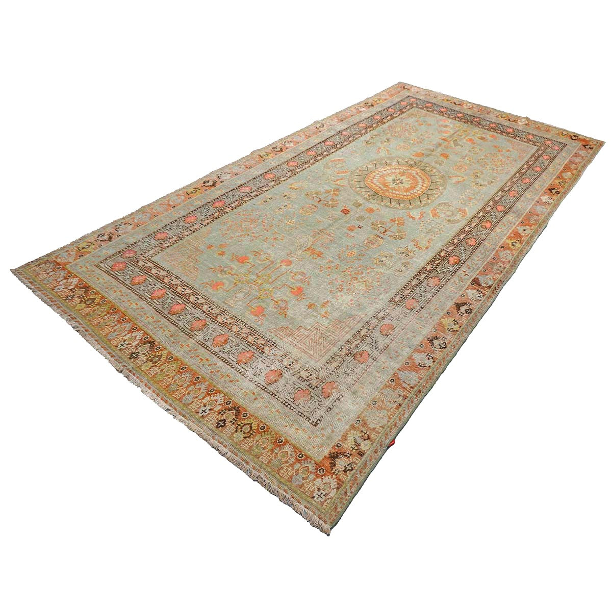 Antique East Turkestani Khotan Wool 6X12 Green, Orange & Blue Handmade Gallery Rug #9902946