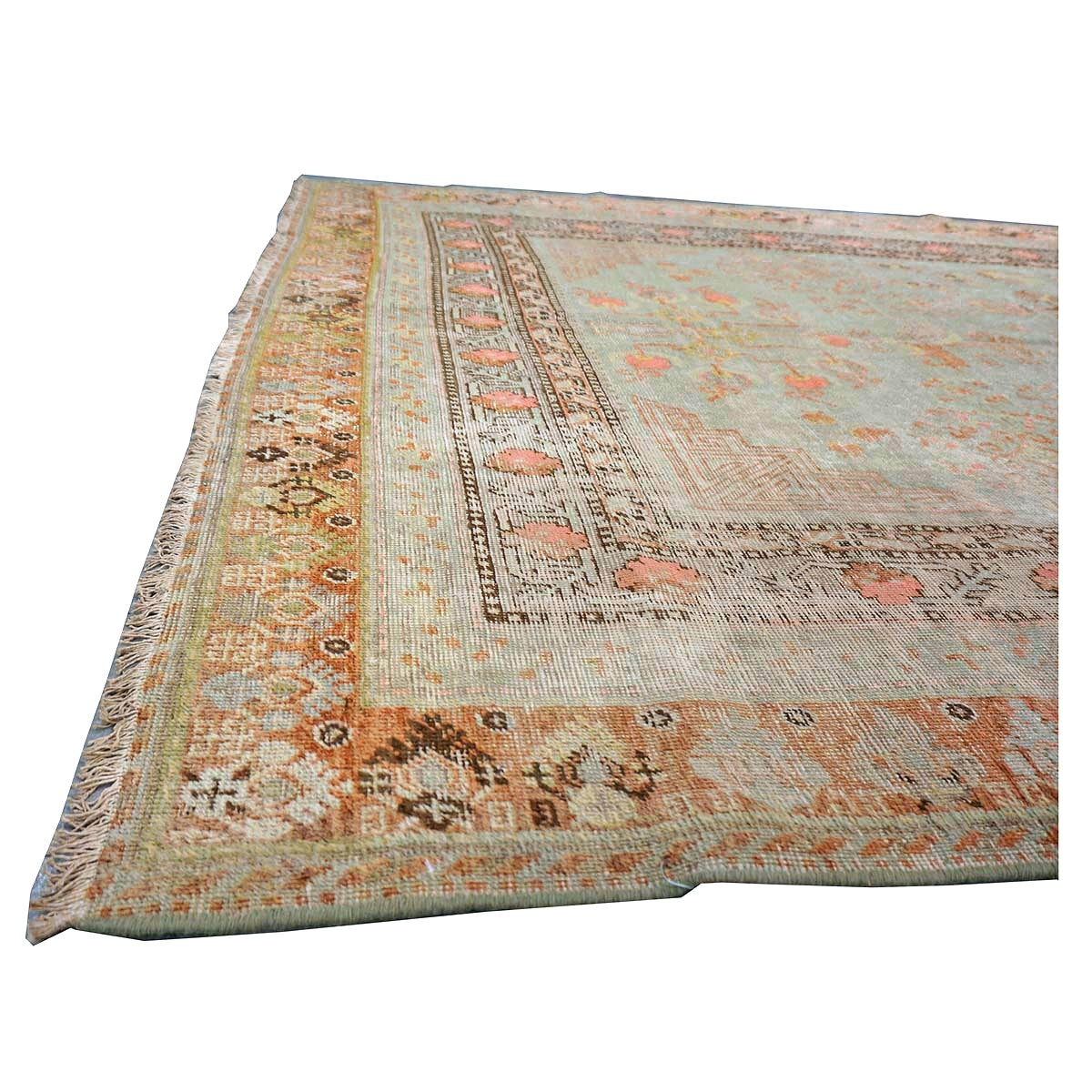 Antique East Turkestani Khotan Wool 6X12 Green, Orange & Blue Handmade Gallery Rug #9902946
