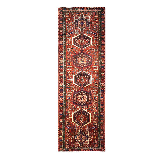 Persian Karajeh Wool 3x11 Rust, Ivory & Green Handmade Runner Rug #9902952