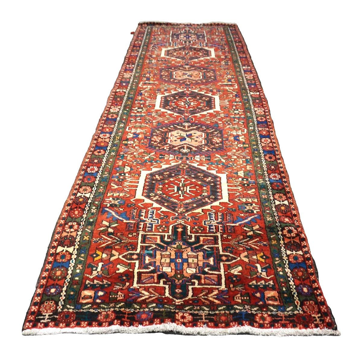 Persian Karajeh Wool 3x11 Rust, Ivory & Green Handmade Runner Rug #9902952