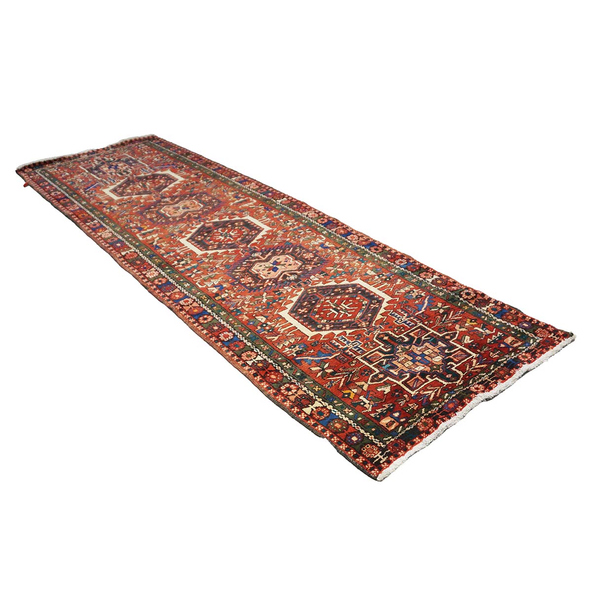 Persian Karajeh Wool 3x11 Rust, Ivory & Green Handmade Runner Rug #9902952