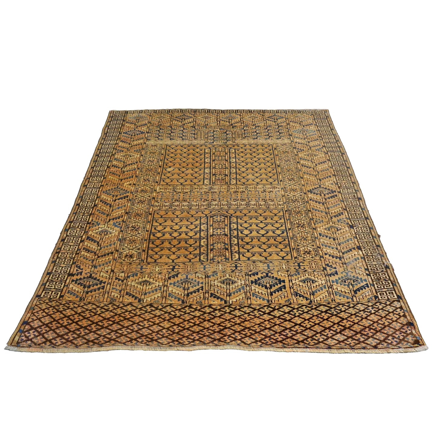 Antique Azarbijiani Turkeman Wool 4x5 Tan & Navy Handmade Area Rug #9902965