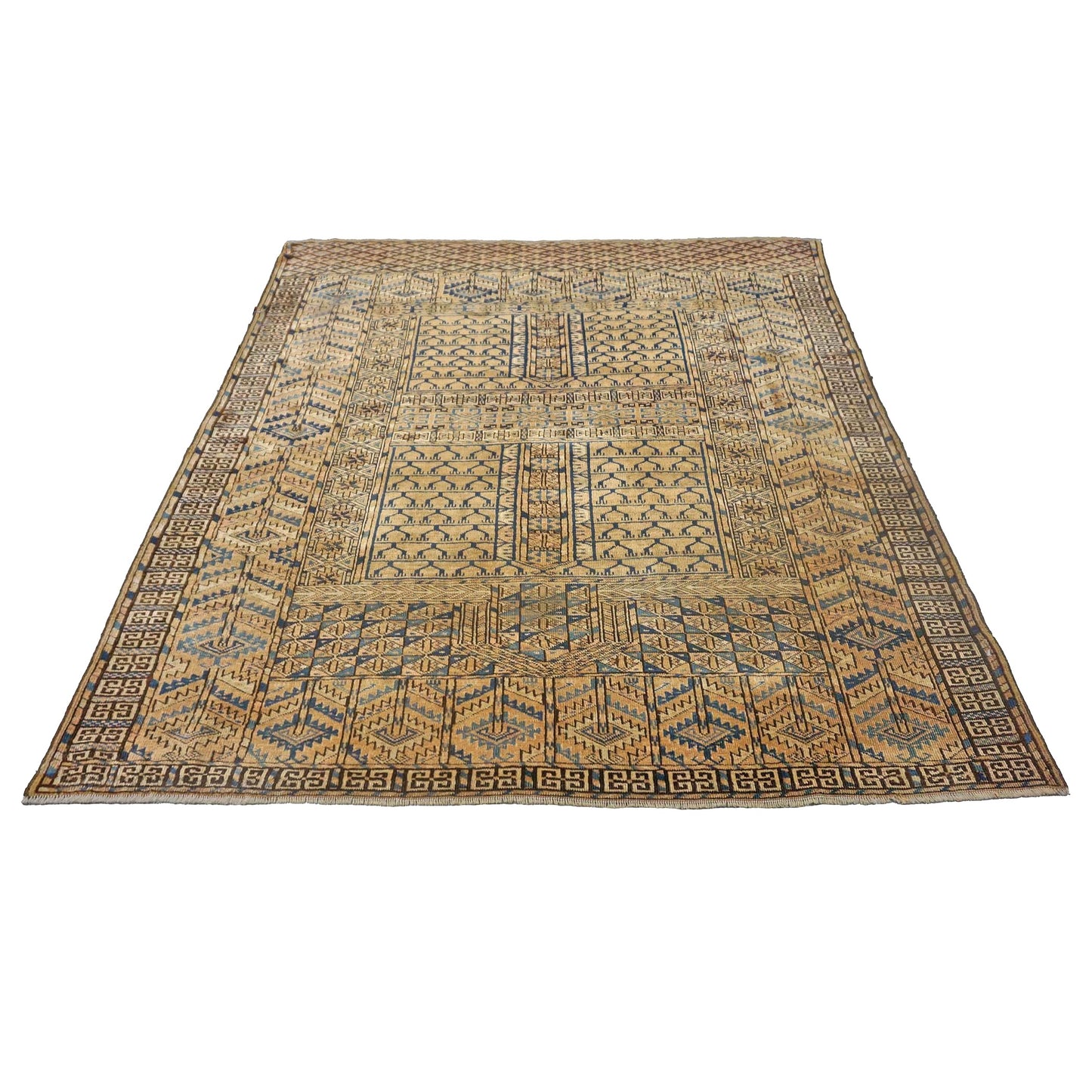Antique Azarbijiani Turkeman Wool 4x5 Tan & Navy Handmade Area Rug #9902965