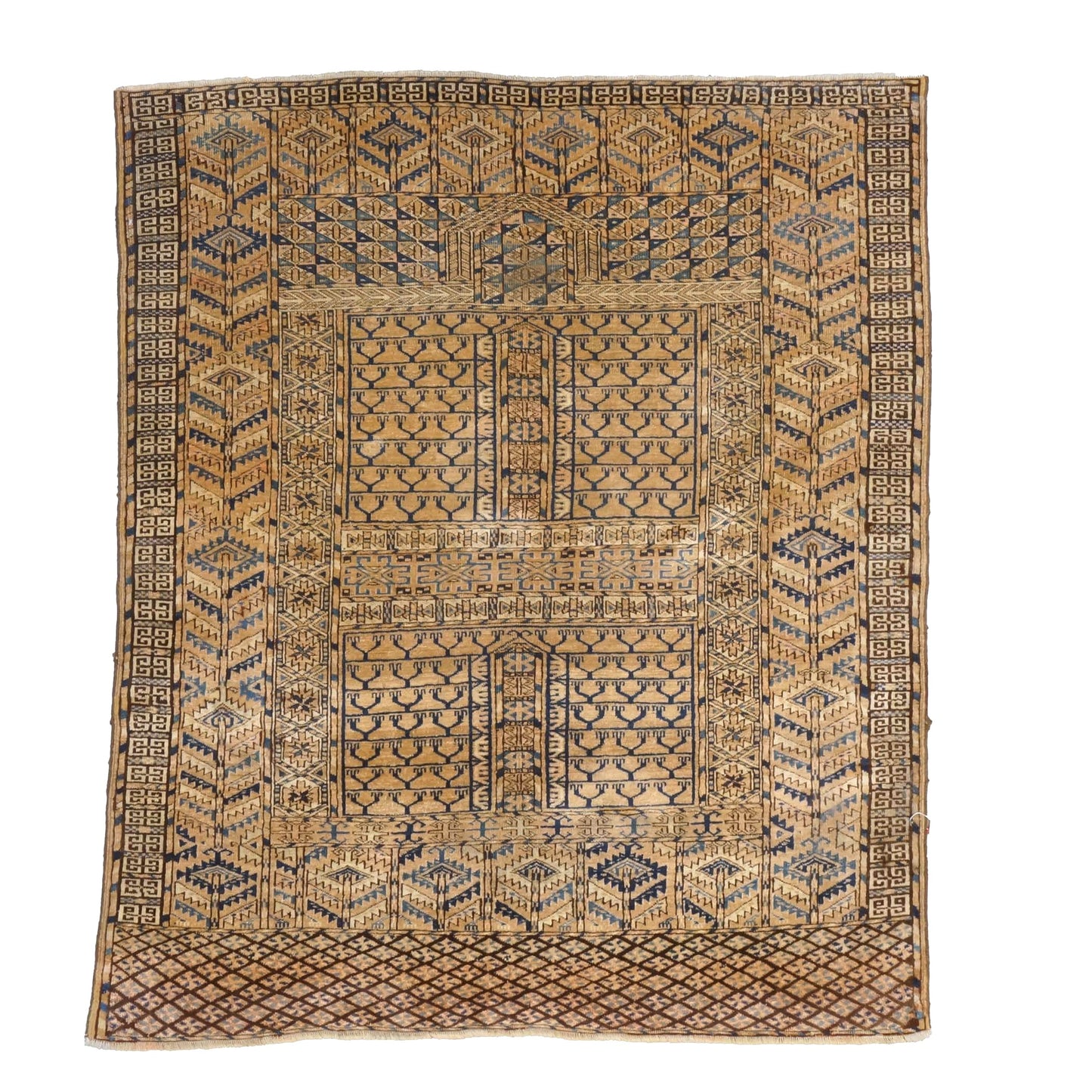 Antique Azarbijiani Turkeman Wool 4x5 Tan & Navy Handmade Area Rug #9902965
