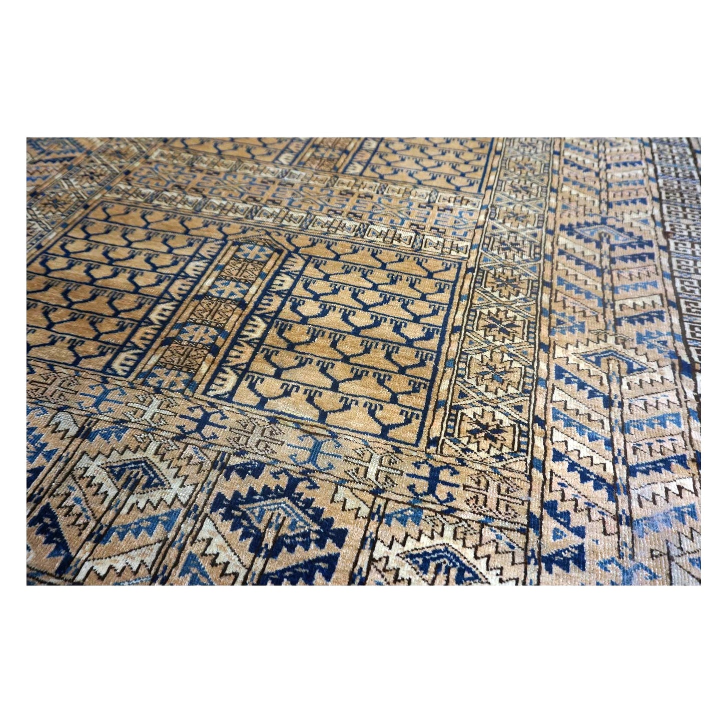 Antique Azarbijiani Turkeman Wool 4x5 Tan & Navy Handmade Area Rug #9902965