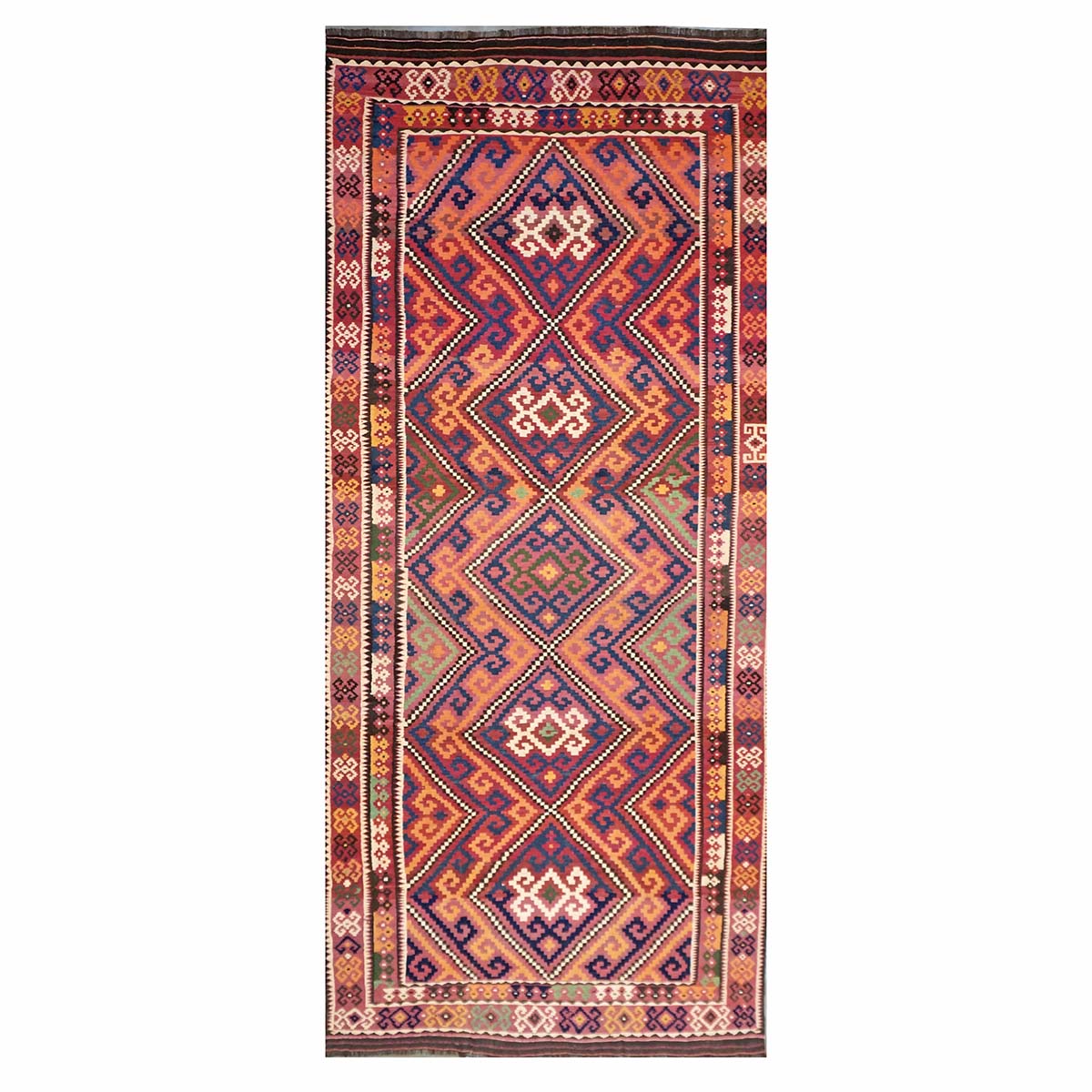 Antique Afghan Kabul Kilim Wool 8x18 Orange, Red & Blue Handmade Gallery Rug #9902970