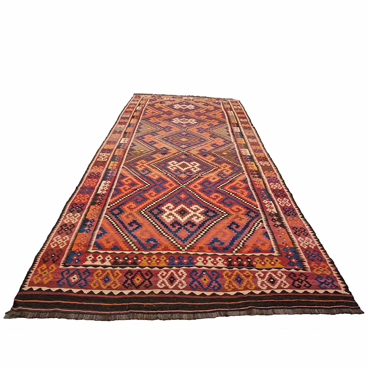 Antique Afghan Kabul Kilim Wool 8x18 Orange, Red & Blue Handmade Gallery Rug #9902970