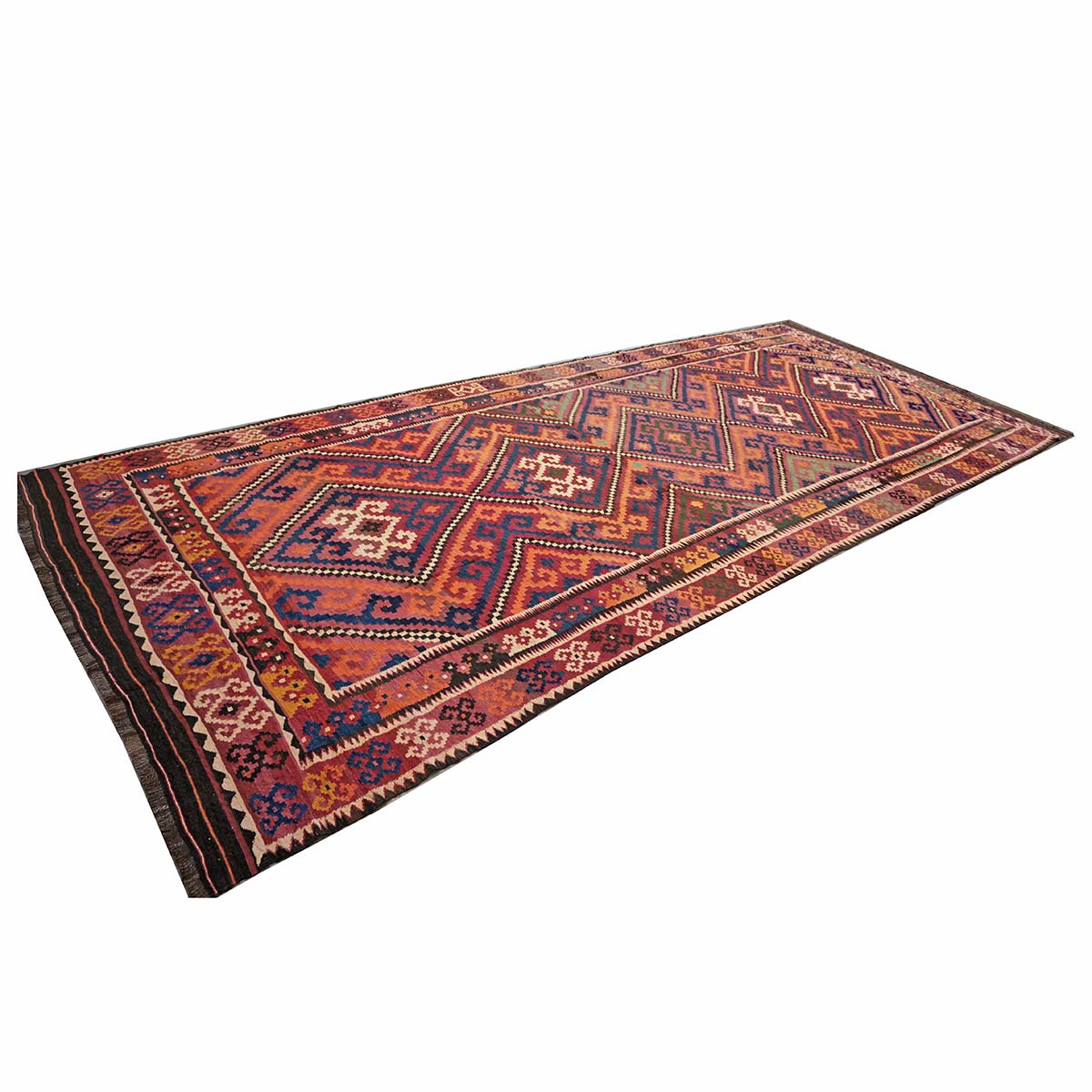 Antique Afghan Kabul Kilim Wool 8x18 Orange, Red & Blue Handmade Gallery Rug #9902970