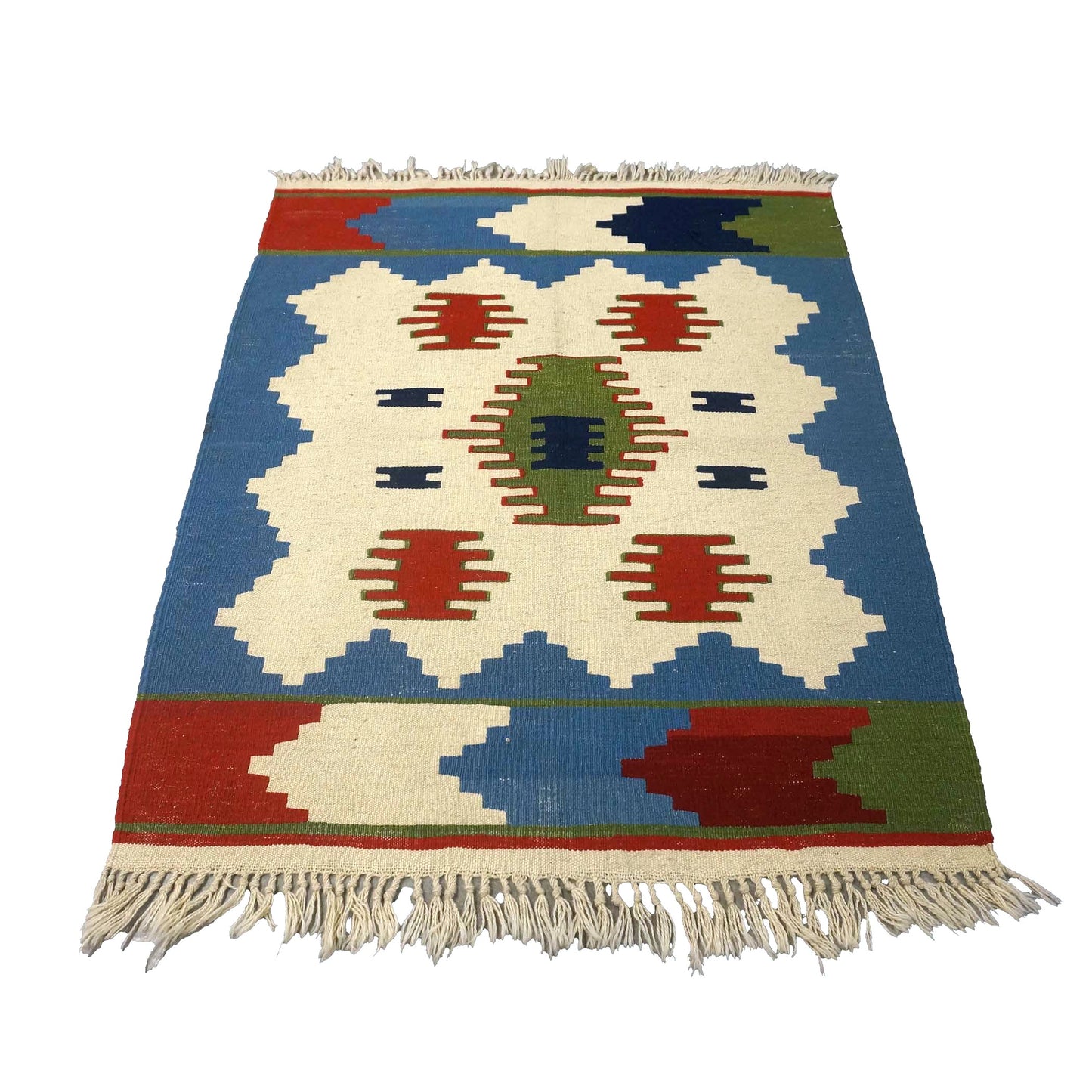 Turkish Anatolian Wool 3x4 Ivory & Blue Handmade Throw Rug # 9902971