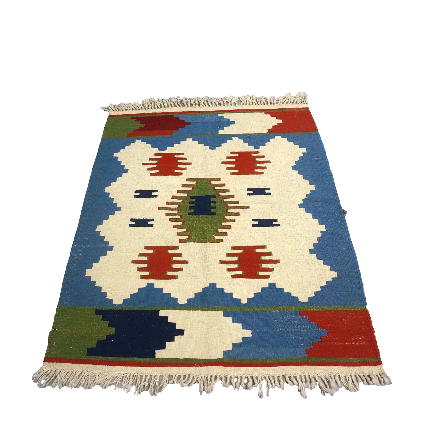 Turkish Anatolian Wool 3x4 Ivory & Blue Handmade Throw Rug # 9902971