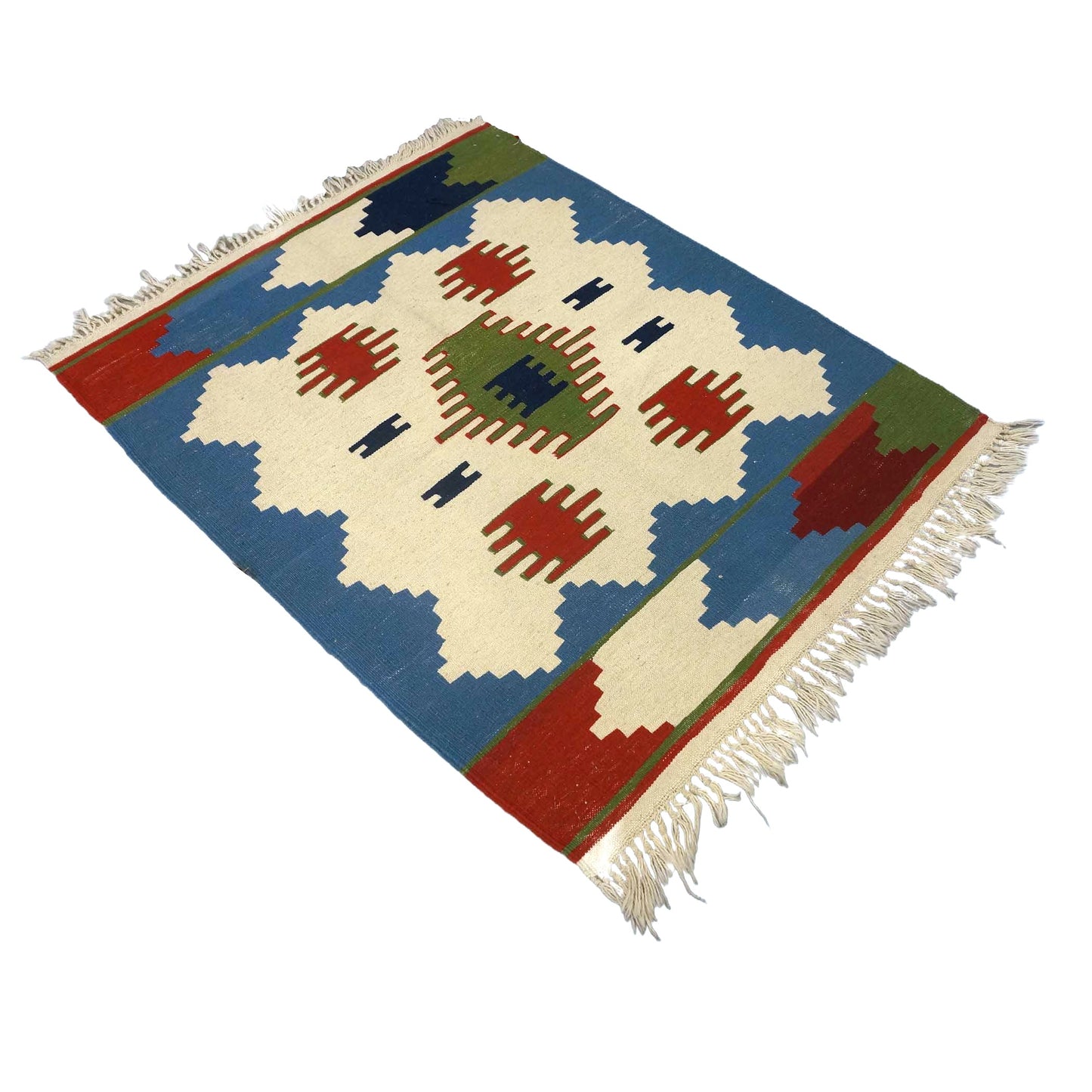 Turkish Anatolian Wool 3x4 Ivory & Blue Handmade Throw Rug # 9902971