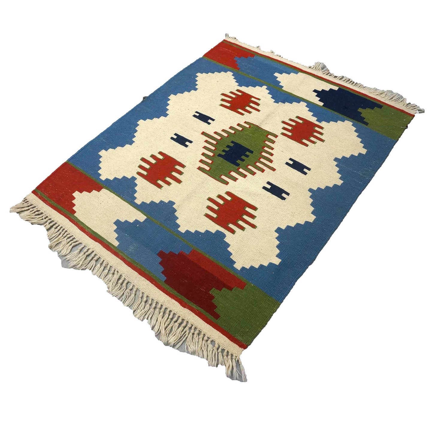 Turkish Anatolian Wool 3x4 Ivory & Blue Handmade Throw Rug # 9902971
