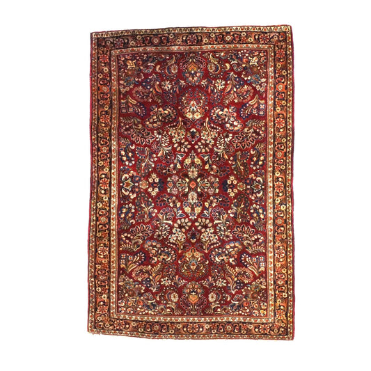 Antique Persian Sarouk Wool 4X6 Red, Orange & Ivory Handmade Area Rug #9902994