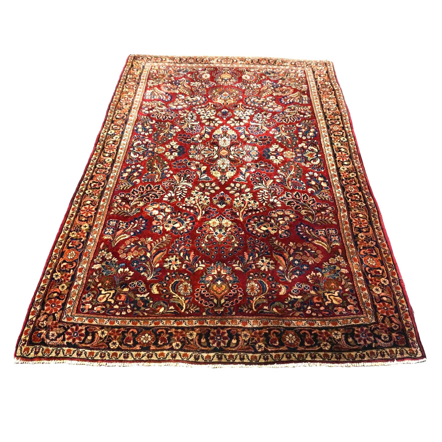 Antique Persian Sarouk Wool 4X6 Red, Orange & Ivory Handmade Area Rug #9902994