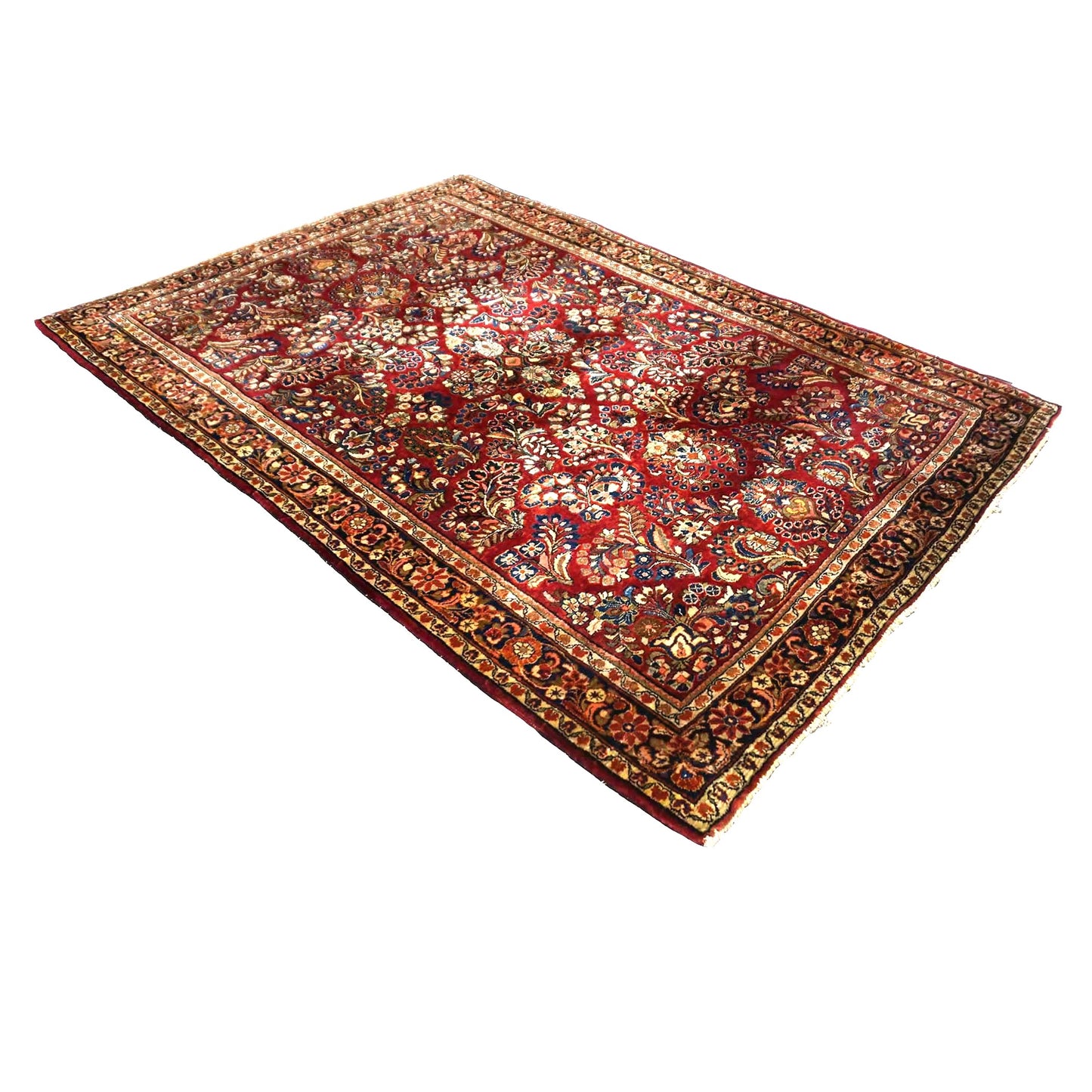 Antique Persian Sarouk Wool 4X6 Red, Orange & Ivory Handmade Area Rug #9902994