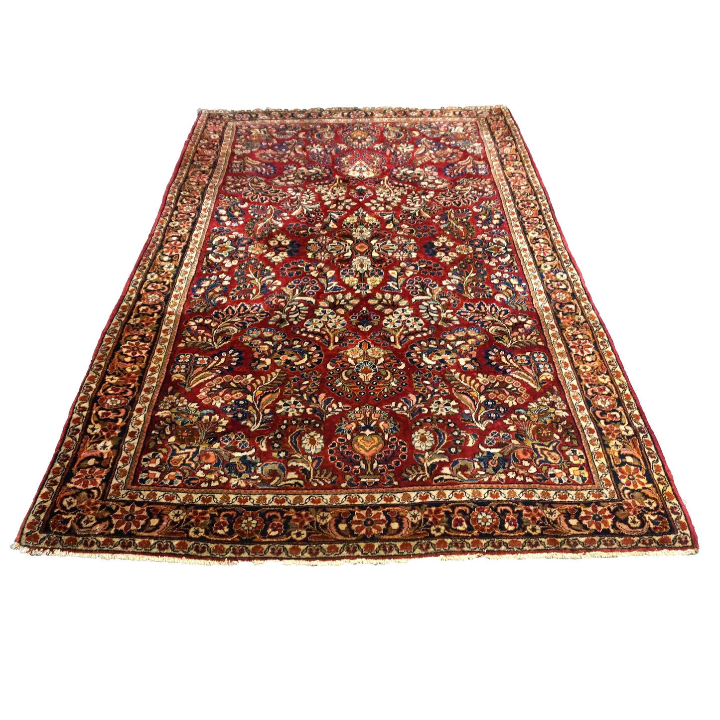 Antique Persian Sarouk Wool 4X6 Red, Orange & Ivory Handmade Area Rug #9902994