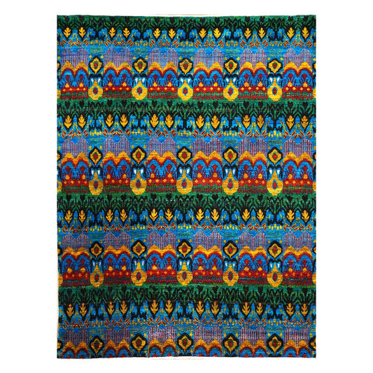 Indian Ikat Sari Silk 9x11 Green & Multicolored Handmade Area Rug #9902999