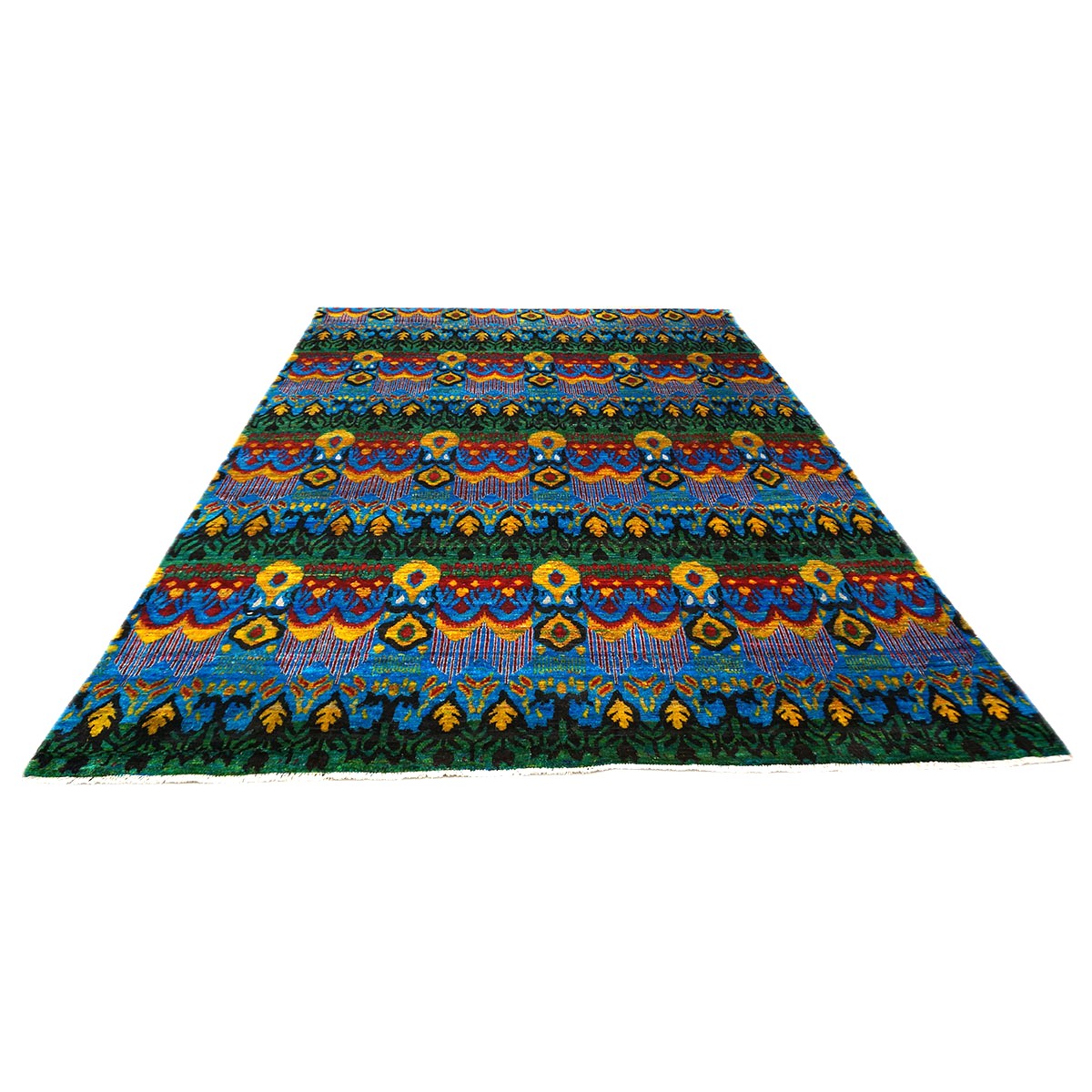 Indian Ikat Sari Silk 9x11 Green & Multicolored Handmade Area Rug #9902999