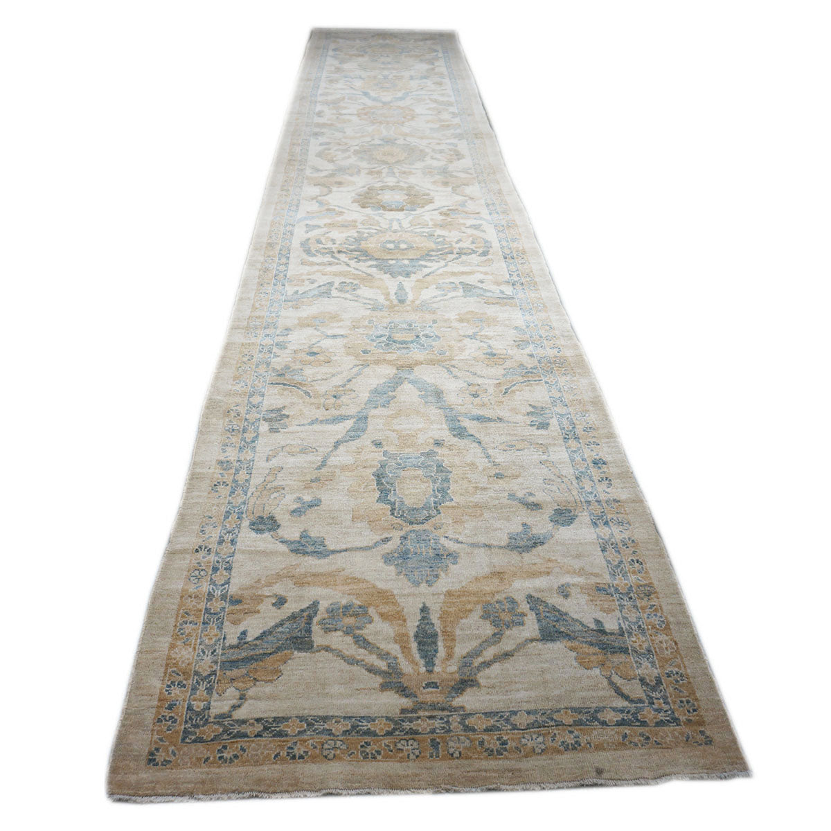 Persian Sultanabad 4x24 Ivory, Tan, & Blue Hall Runner Rug #1141314 image 2