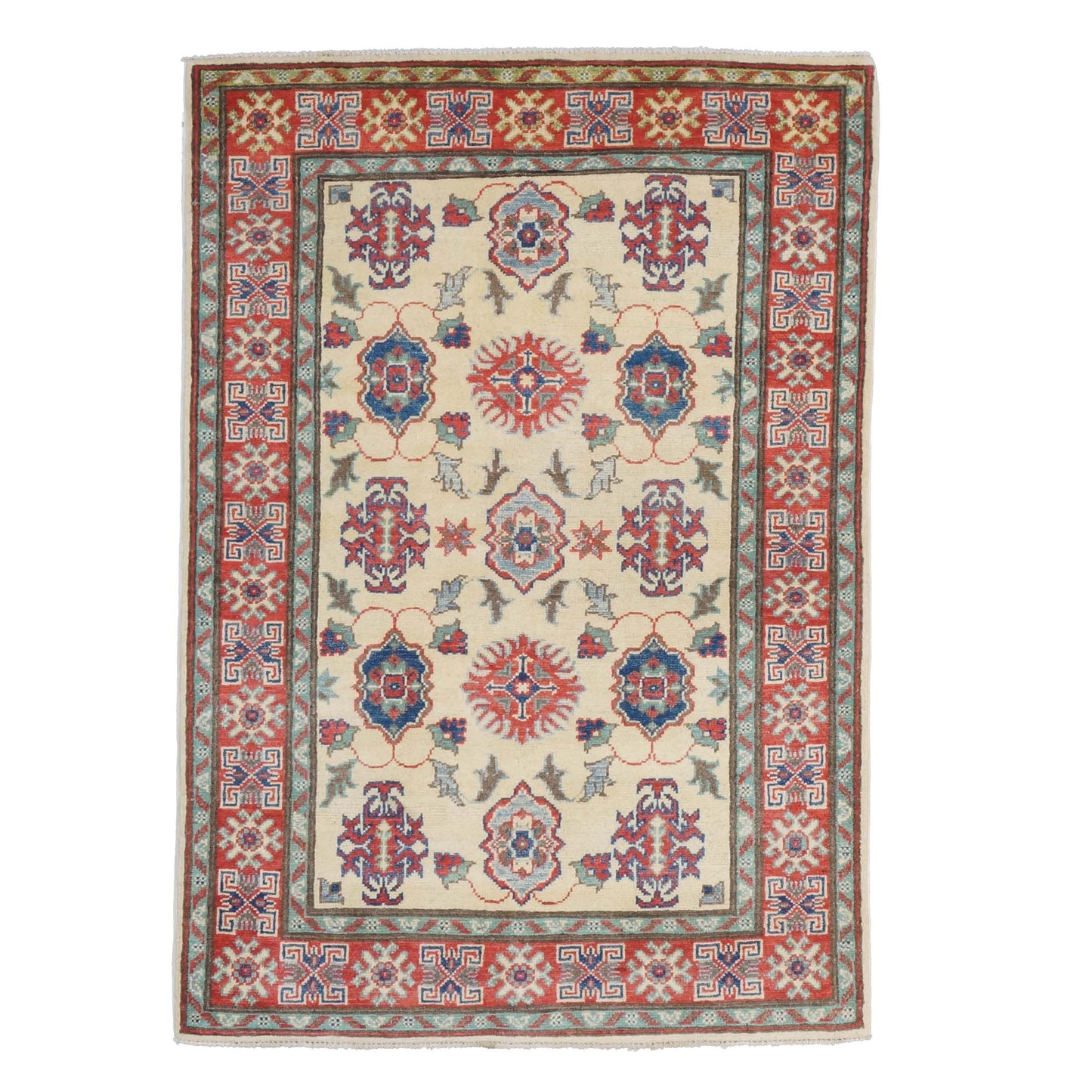 Pakistani Kazak Wool 3x5 Ivory & Red Handmade Area Rug # B-135
