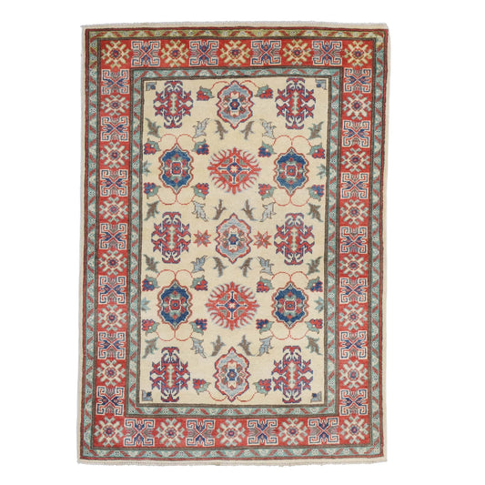 Pakistani Kazak Wool 3x5 Ivory & Red Handmade Area Rug # B-135
