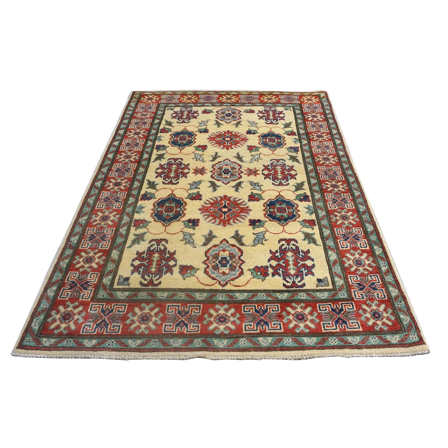 Pakistani Kazak Wool 3x5 Ivory & Red Handmade Area Rug # B-135