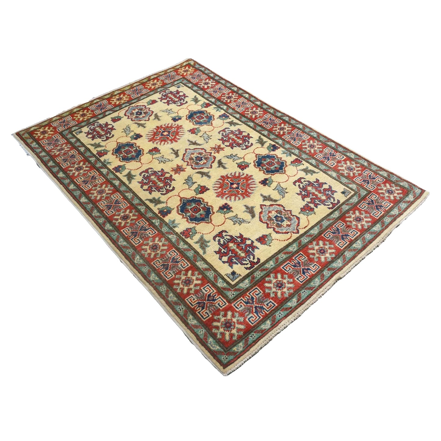 Pakistani Kazak Wool 3x5 Ivory & Red Handmade Area Rug # B-135