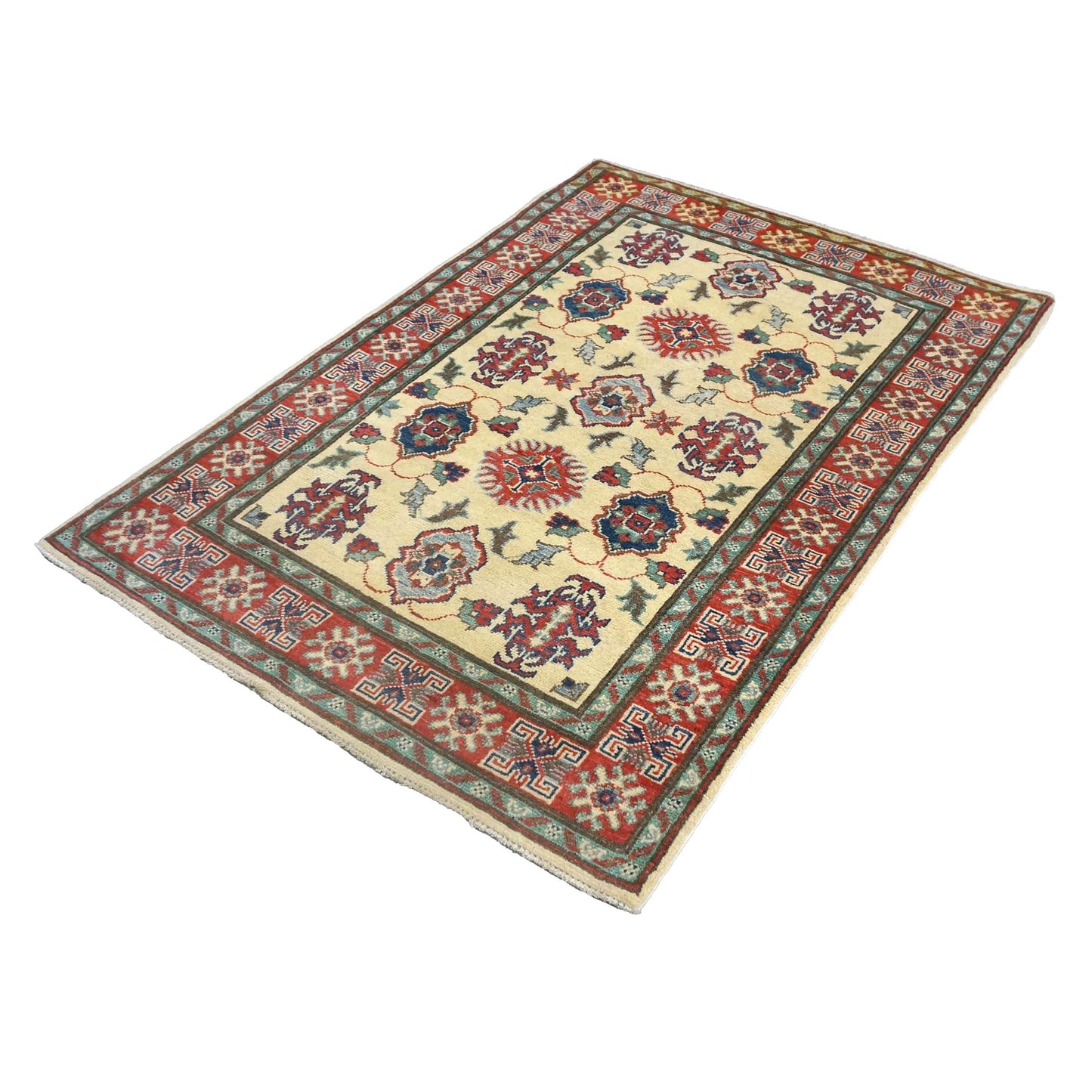 Pakistani Kazak Wool 3x5 Ivory & Red Handmade Area Rug # B-135
