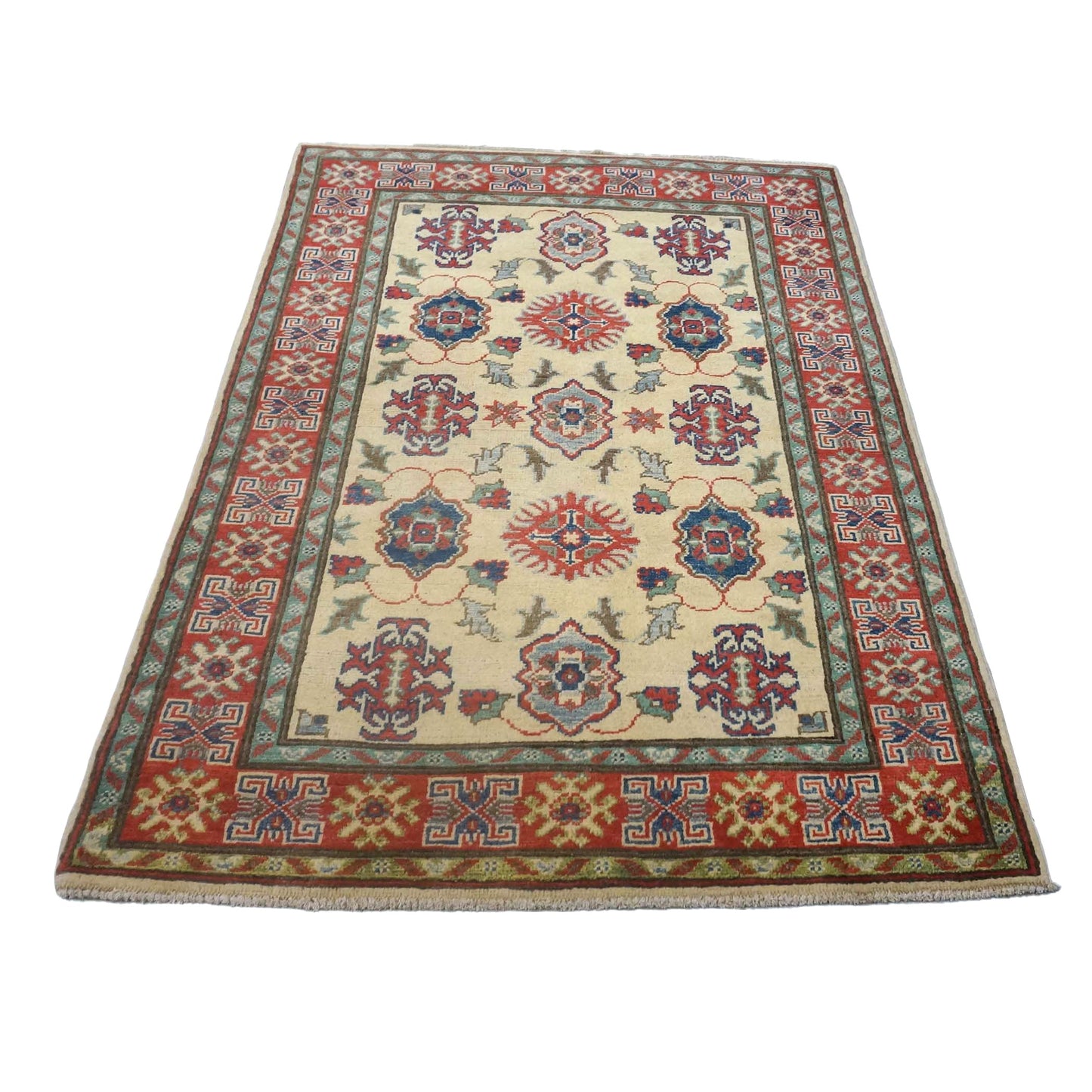 Pakistani Kazak Wool 3x5 Ivory & Red Handmade Area Rug # B-135