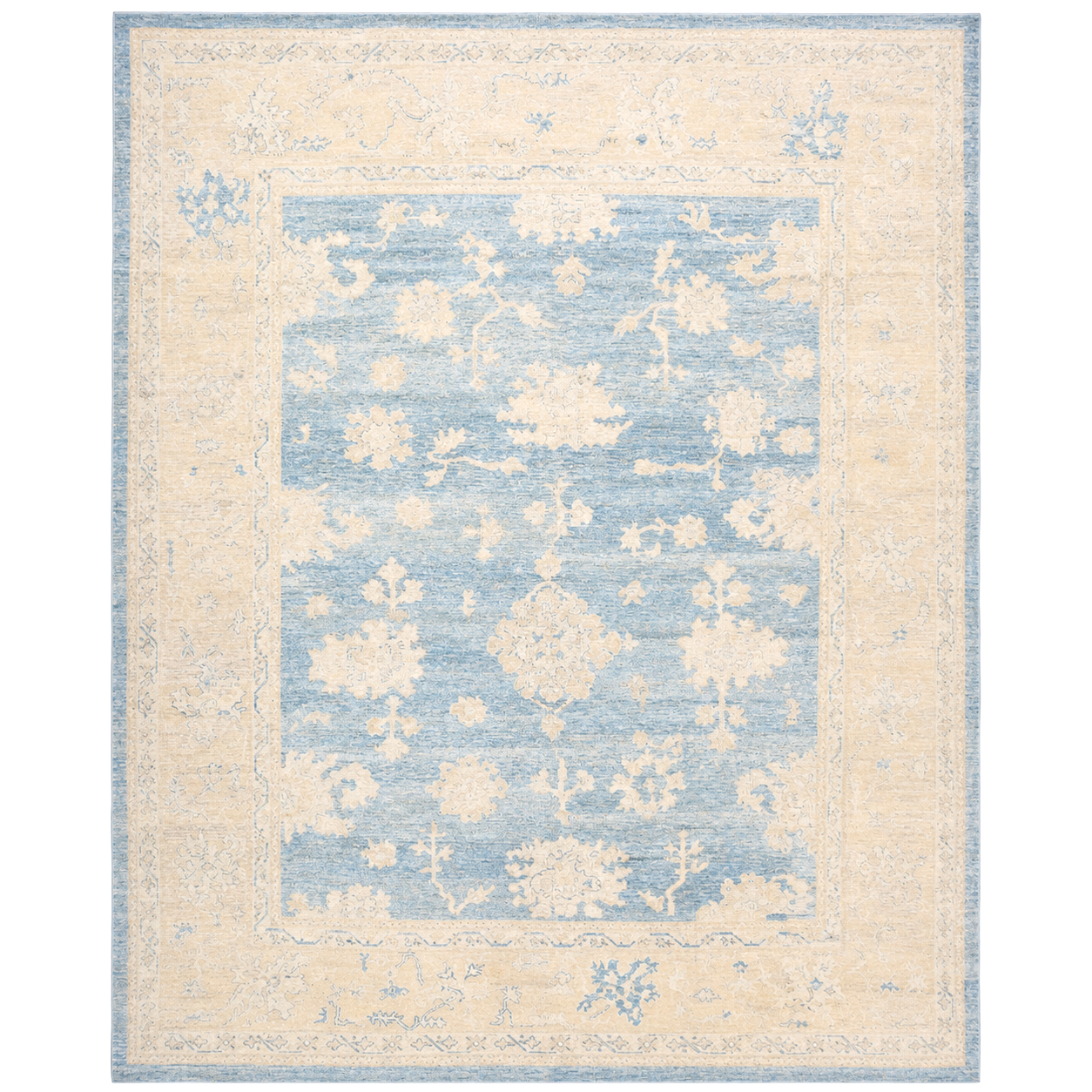 21st Century Turkish Oushak Wool 13x15 Ivory & Slate Blue Handmade Area Rug #1140506