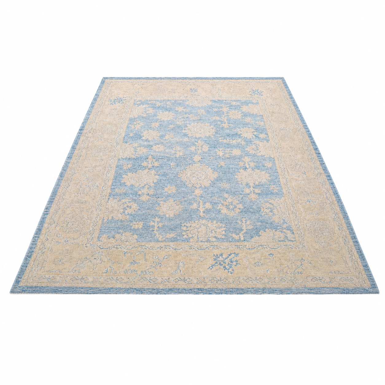 21st Century Turkish Oushak Wool 13x15 Ivory & Slate Blue Handmade Area Rug #1140506