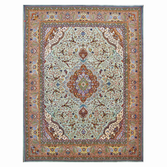 Antique 1930s Persian Tabriz 9x13 Light Green & Light Clay Handmade Area Rug #9902254 image 0
