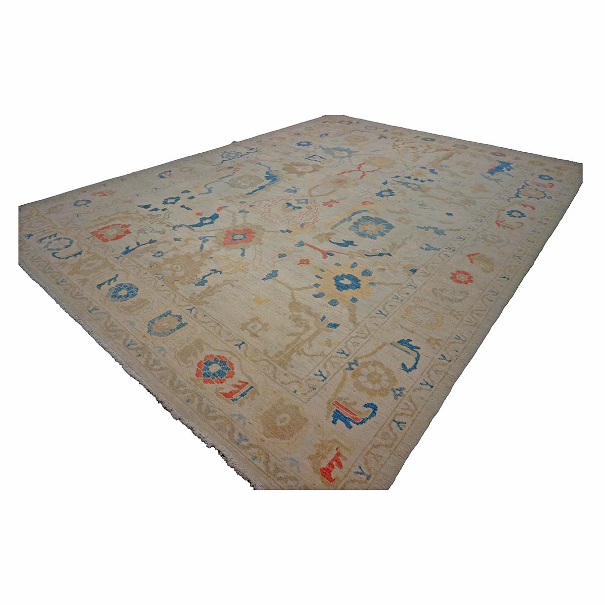 21st Century Turkish Oushak 10X14 Ivory, Red & Slate Blue Handmade Runner Rug #1144177 image 3