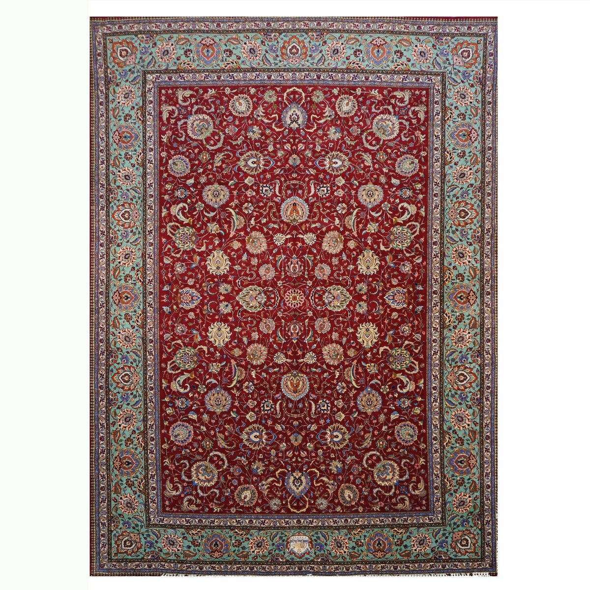 Antique 1940s Persian Tabriz Pahlavi 11x16 Red, Teal, & Ivory Handmade Area Rug #9902164 image 0