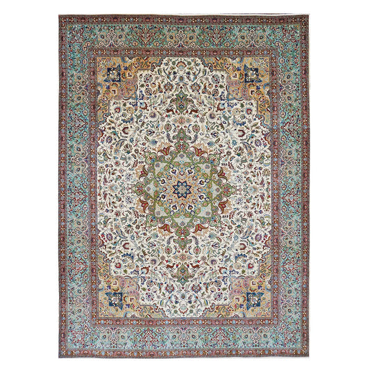 Vintage Persian Tabriz 10X13 Ivory and Green Area Rug #1140364 image 0