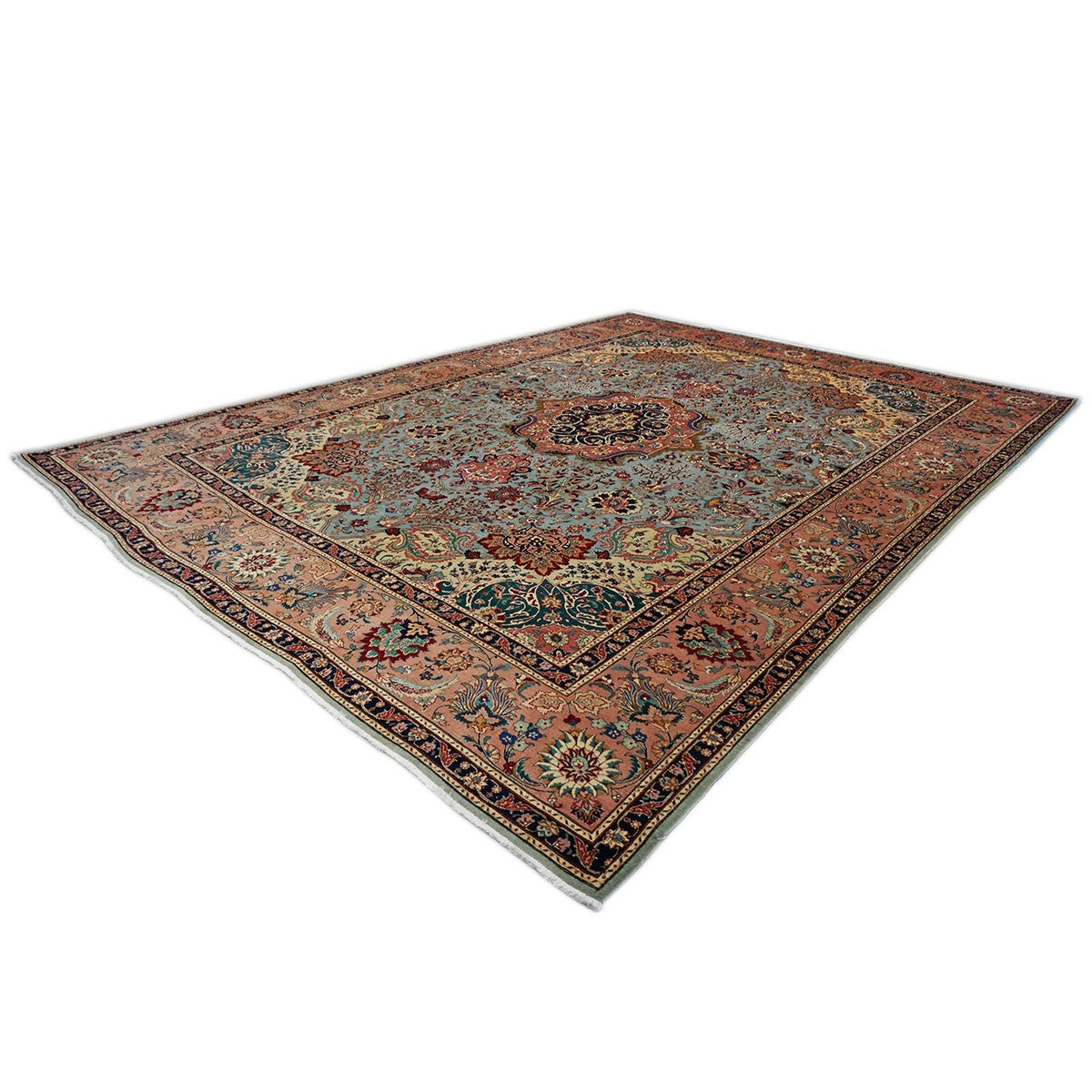 20th Century Persian Wool Tabriz Rug light blue with a Salmon border  10x13 area rug #1140711 image 4