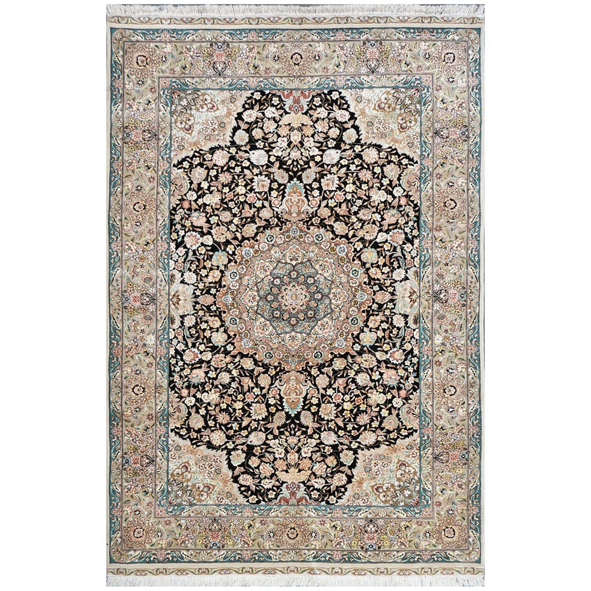 Vintage Persian Tabriz Wool & Silk 5x8 Blue, Black, & Ivory Handmade Area Rug #1143809 image 0